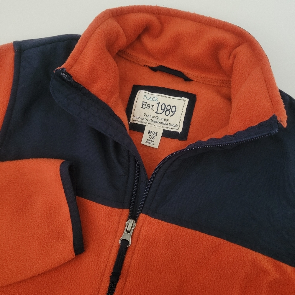 Childrens Place Fleece Jacket Boys Med 7/8 Orange Navy Blue Full Zip Warm Cozy